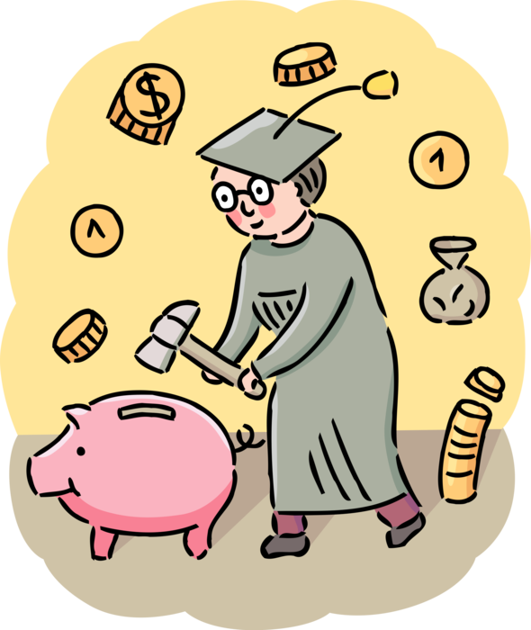 Vector Illustration of High Cost of College or University Education with Graduate Breaking Piggy Bank for Student Loan