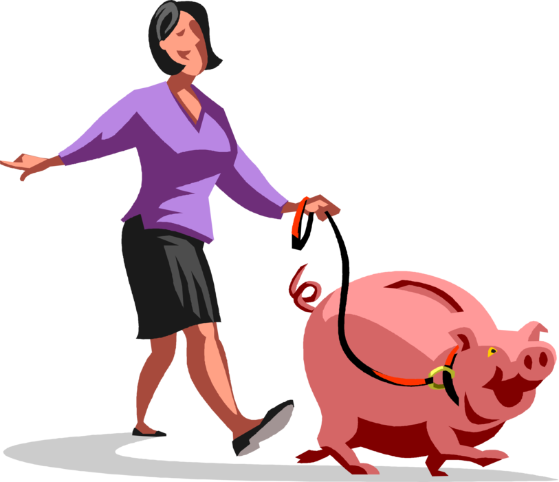 Vector Illustration of Businesswoman Walks Happy Obliging Cheerful Piggy Bank on Leash