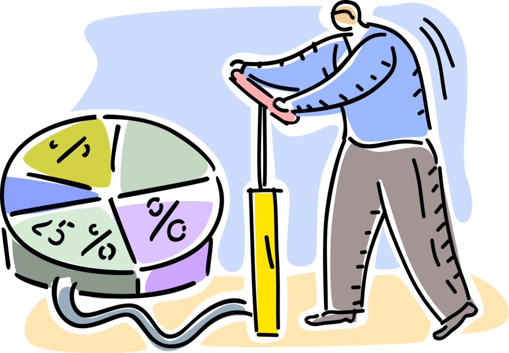Vector Illustration of Businessman Inflates Corporate Profit Financial Results Pie Chart with Bicycle Pump