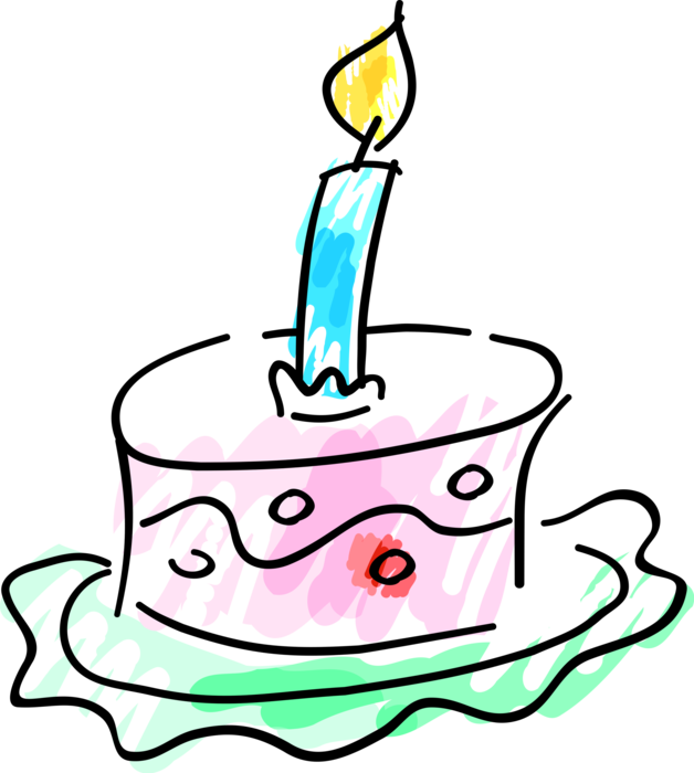 Vector Illustration of Sweet Dessert Baked Birthday Cake with Lit Candle