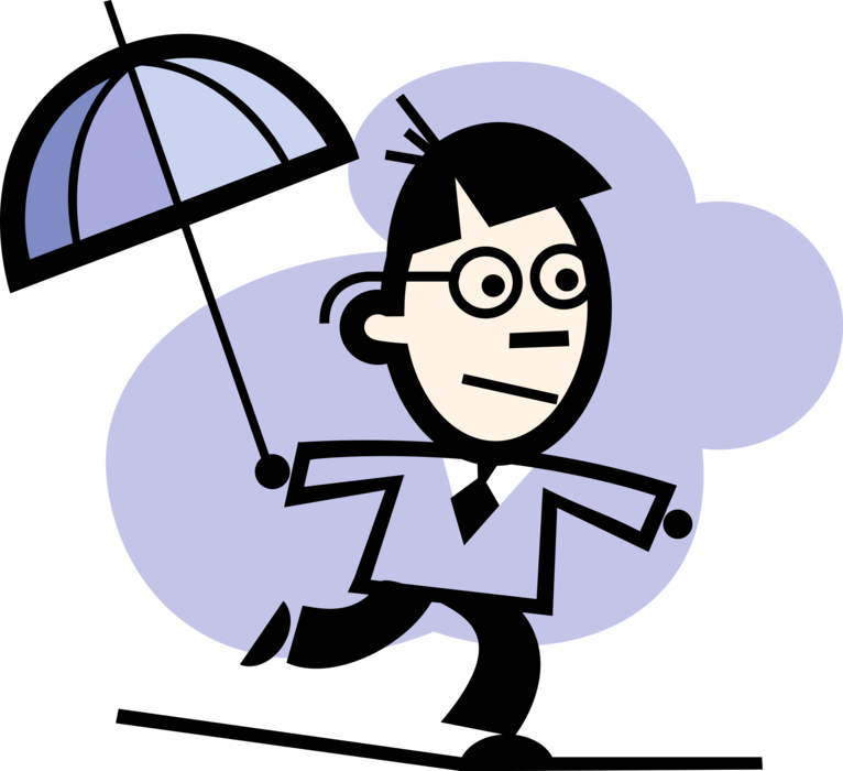 Vector Illustration of Businessman Acrobat Highwire Tightrope Walking Performer Balancing on Wire with Umbrella