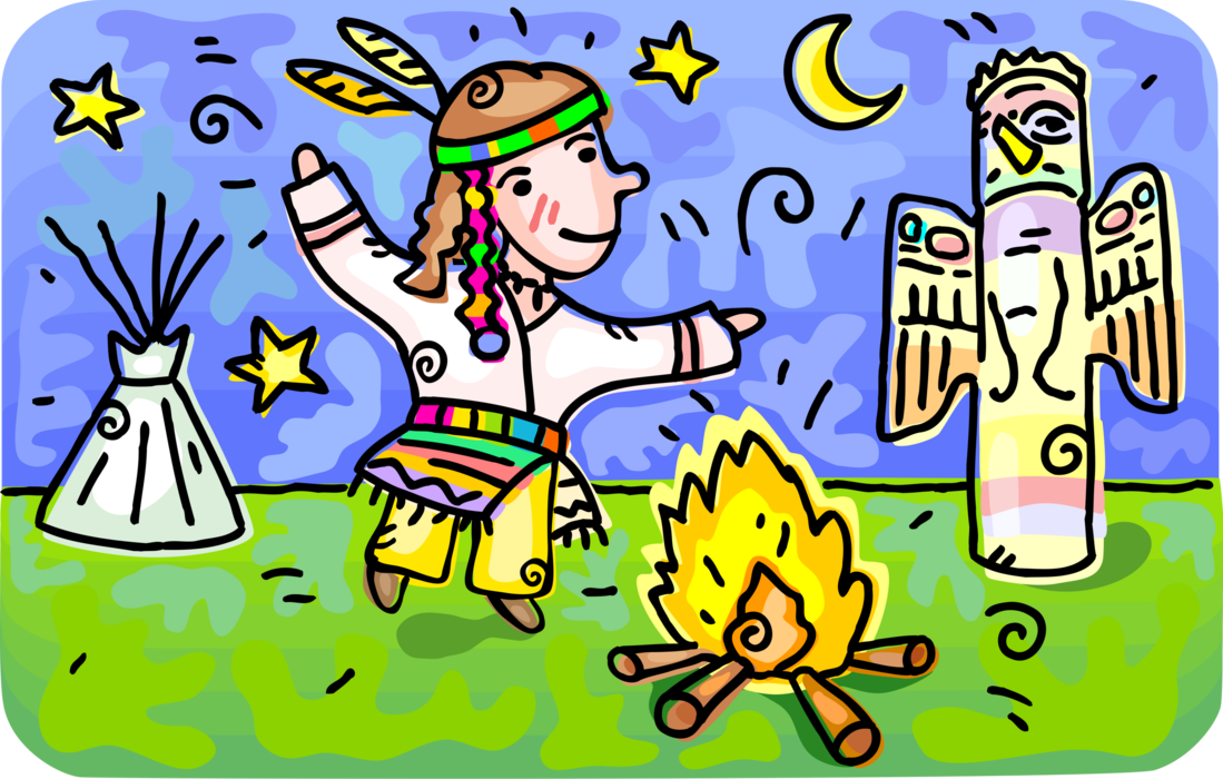 Vector Illustration of American Native Indigenous Indian in Ceremonial Dance Around Campfire with Totem Pole and Teepee Tent