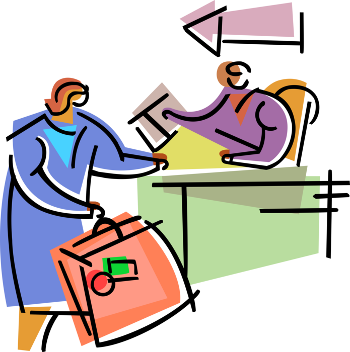 Vector Illustration of Airline Travel Passenger at Check-In Flight Reservation Desk with Suitcase Baggage Luggage