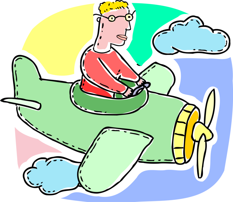 Vector Illustration of Pilot Flies Propeller Plane Aircraft Airplane