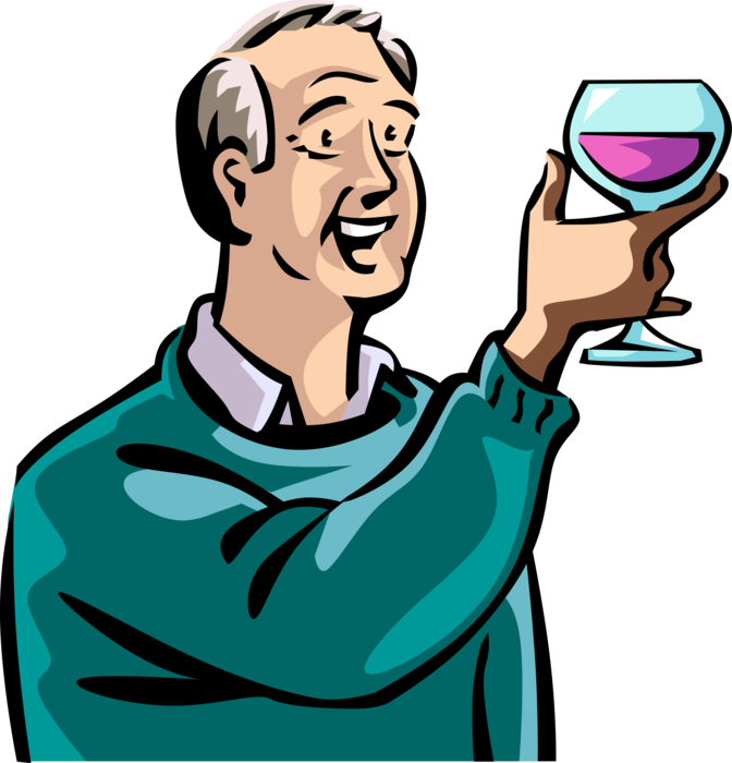 Vector Illustration of Retired Elderly Senior Citizen Appreciates Fine Dining with Glass of Wine