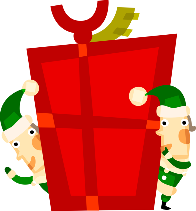 Vector Illustration of Santa's Workshop Helper Elves with Christmas Present Gift