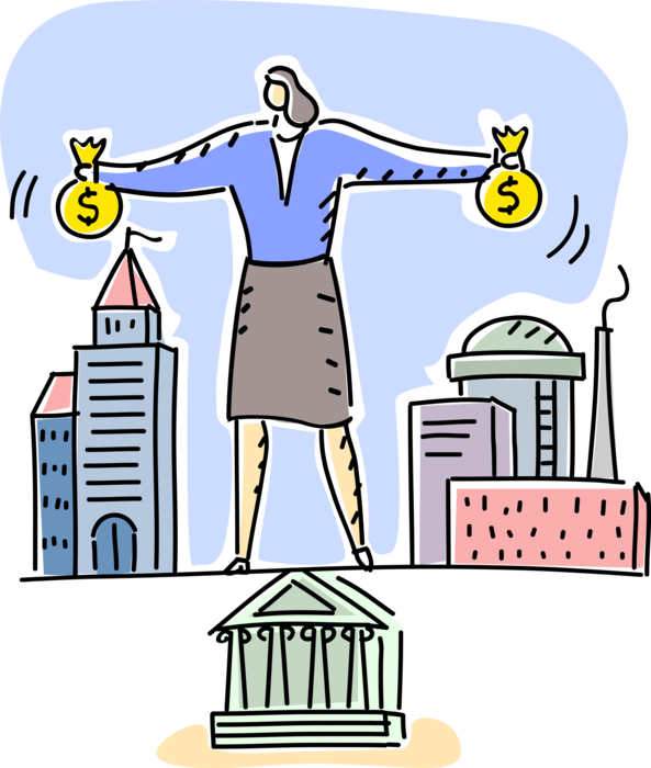 Vector Illustration of Businesswoman Balances Corporate Financial Investment Between Commercial and Industrial Development