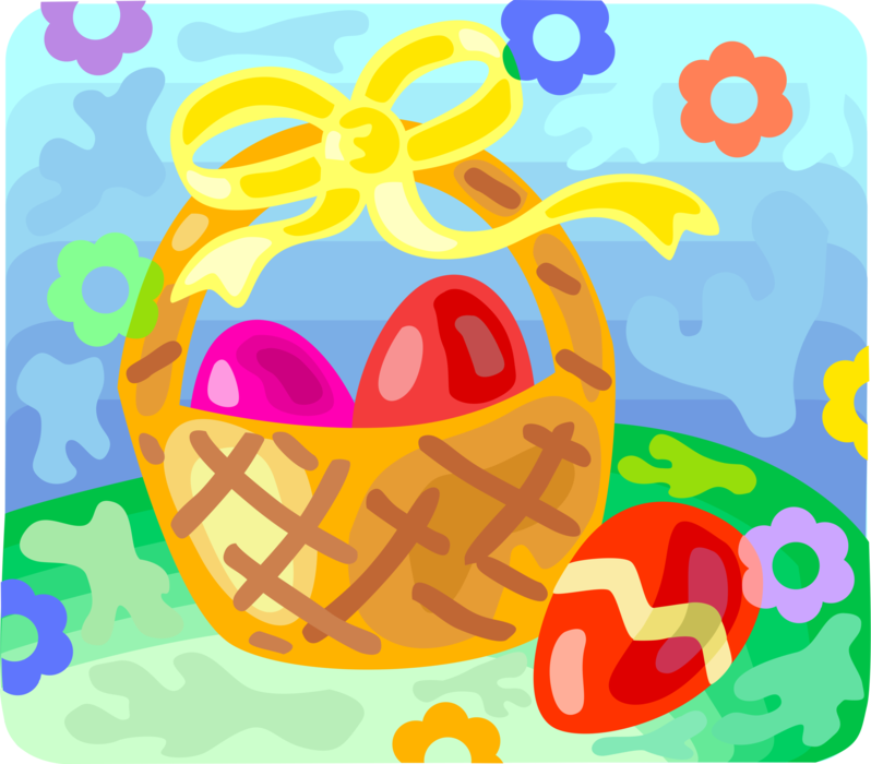 Vector Illustration of Easter Basket with Yellow Ribbon Bow and Colored Pascha Eggs