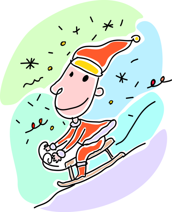 Vector Illustration of Child Toboggans Down Hill on Sleigh Sled in Winter