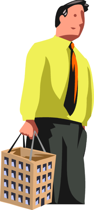 Vector Illustration of Businessman Property Investor Carries Commercial Real Estate Shopping Bag