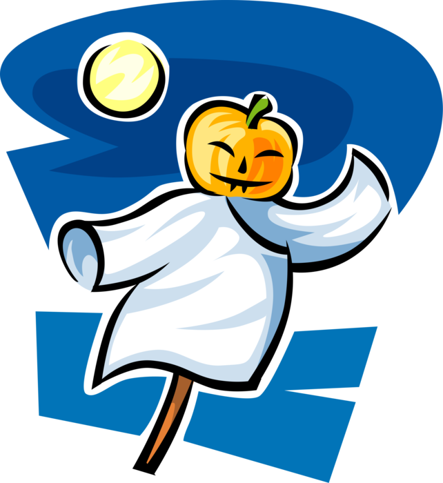 Vector Illustration of Halloween Jack-o'-Lantern Carved Pumpkin Ghost in Night