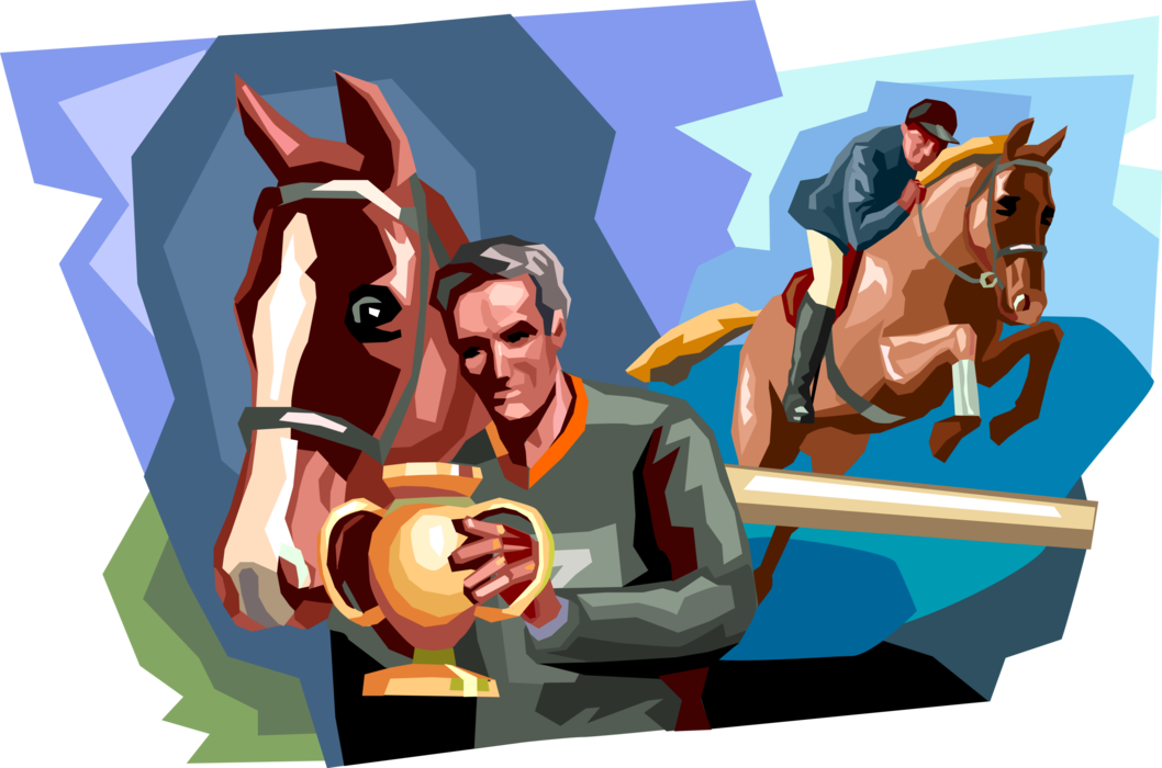 Vector Illustration of Jockey Wins Equestrian Horse Show Jumping Trophy Cup with Obstacle Barrier Fence Jump