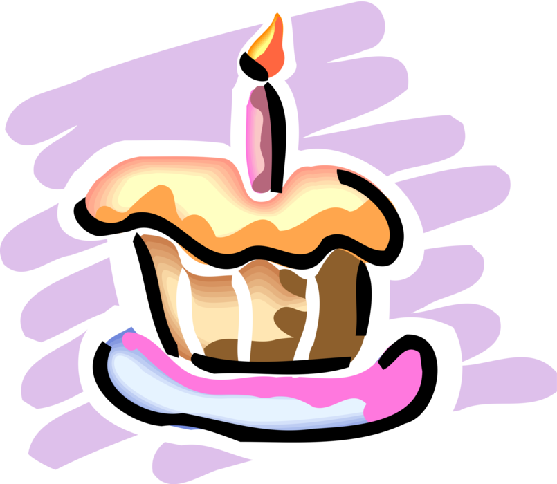 Vector Illustration of Sweet Dessert Baked Birthday Cake with Candle