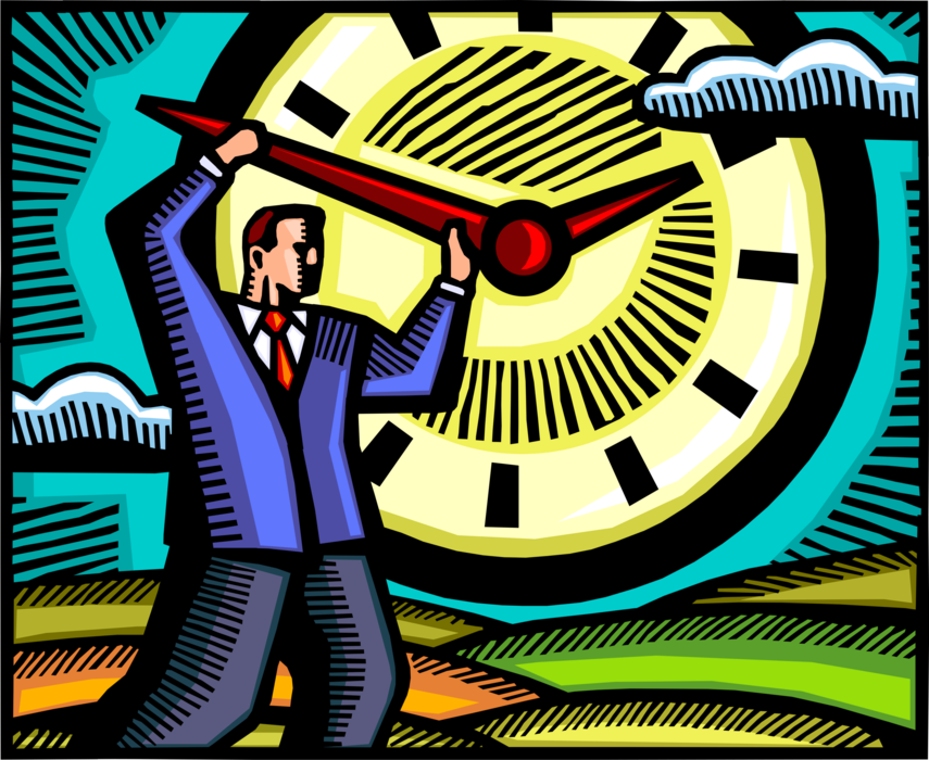Vector Illustration of Businessman Turns Back Hands of Time with Clock to Buy Time and Improve Business Outcome