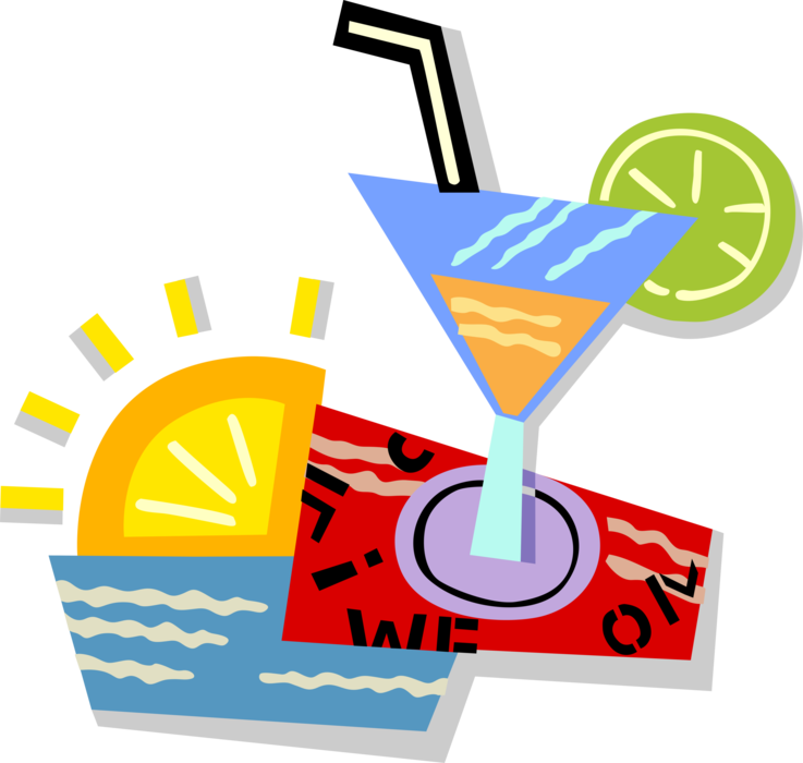Vector Illustration of Summer Cocktail Mixed Drink Beverage with Beach and Setting Sun