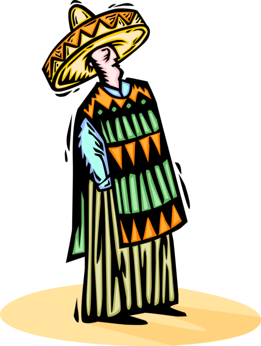 Vector Illustration of Mexican Wears Sombrero Hat and Poncho