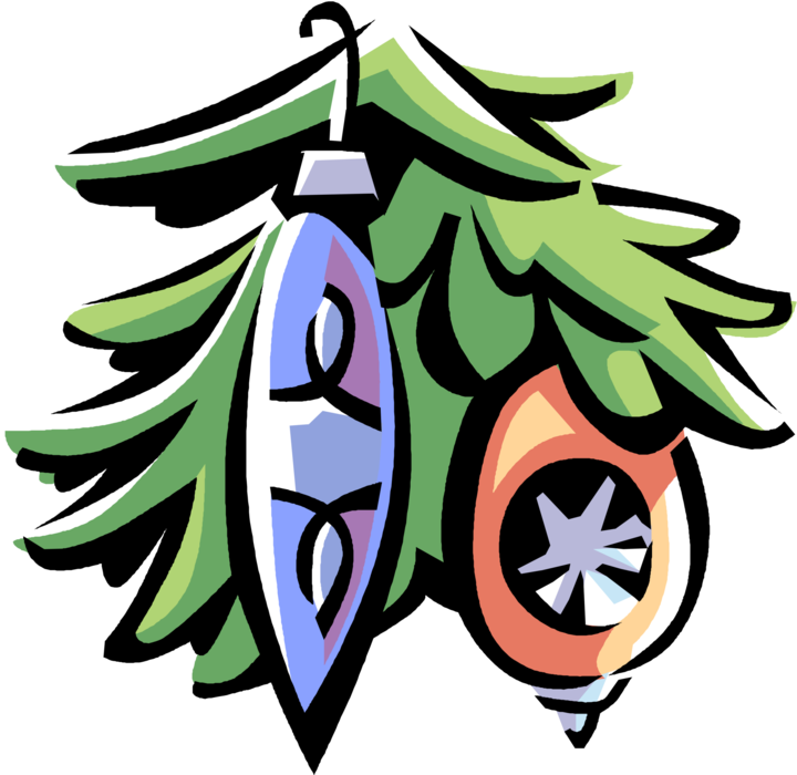 Vector Illustration of Holiday Festive Season Christmas Decoration Ornaments on Evergreen Bough Branch