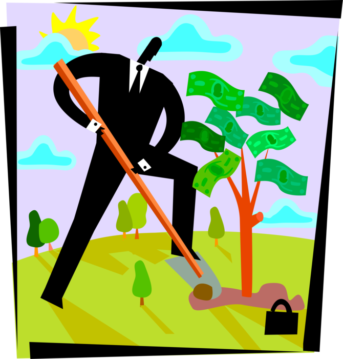 Vector Illustration of Businessman Plants Money Tree to Dispel Money Doesn't Grow on Trees Idiom