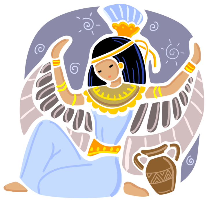 Vector Illustration of Ancient Egypt Egyptian Goddess Isis Opens Wings with Terracotta Amphora