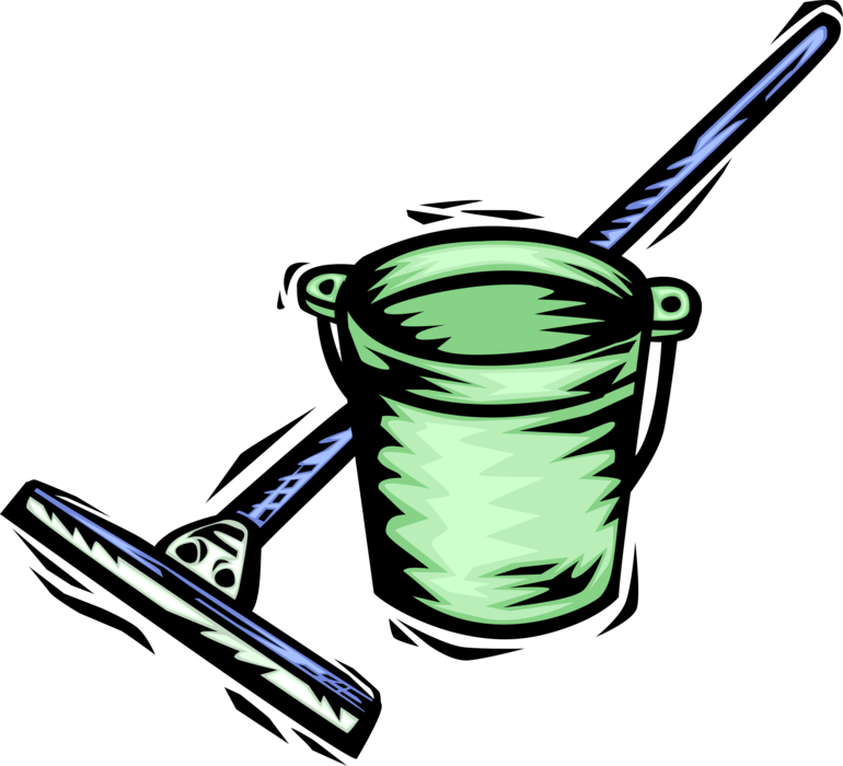 Vector Illustration of Commercial Window Cleaner Squeegie and Pail Cleans Windows