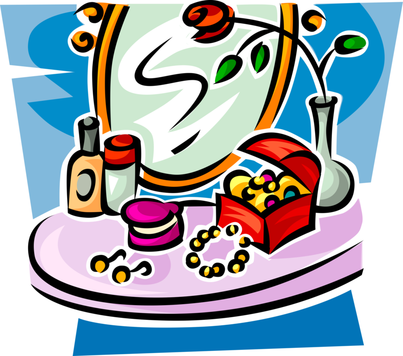 Vector Illustration of Jewelry or Jewellery Box at Makeup Table with Mirror