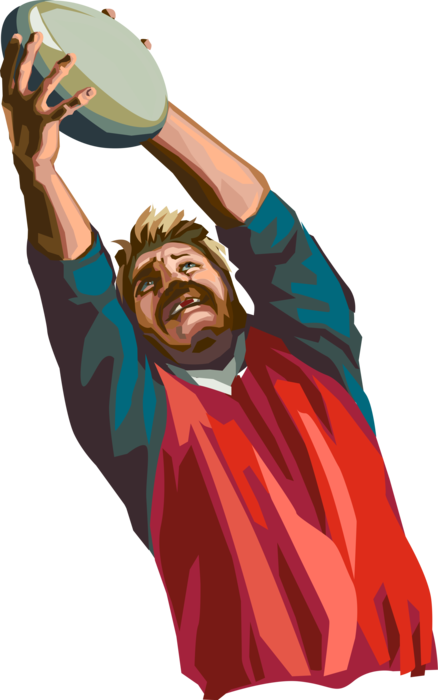 Vector Illustration of Rugby Player Jumps to Catch Ball During Match Game