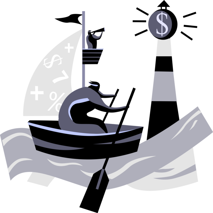Vector Illustration of Intrepid Businessman Mariner Rows Boat Through Dangerous Financial Waters with Lighthouse Beacon