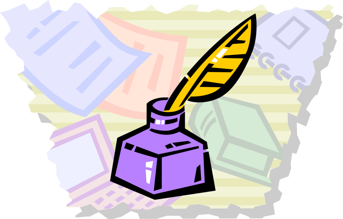 Vector Illustration of Ink Bottle with Feather Quill Pen Writing Instrument