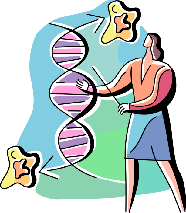 Vector Illustration of Laboratory Genetics Researcher Studies Double Helix DNA Deoxyribonucleic Acid Molecule