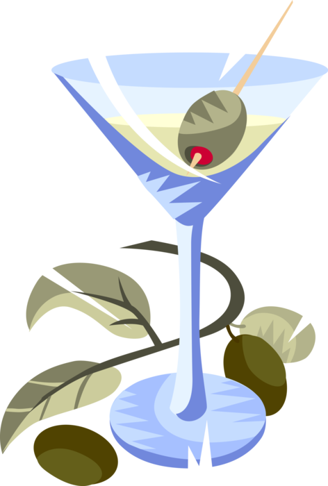 Vector Illustration of Martini Cocktail Alcohol Beverage Mixed Drink with Olive on Toothpick