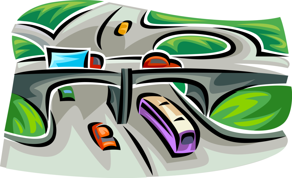 Vector Illustration of Urban Transportation Motor Vehicle Traffic on Highway Roads and Bridges