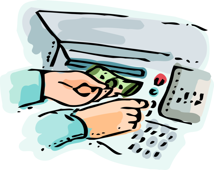 Vector Illustration of Hands Receive Cash Money Dollars from ATM Automated Teller Bank Machine