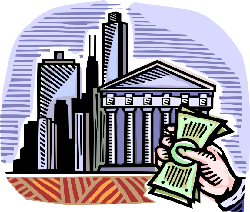 Vector Illustration of Financial Institution Bank with Classical Greek Temple Columns, Hand with Cash Money Dollars
