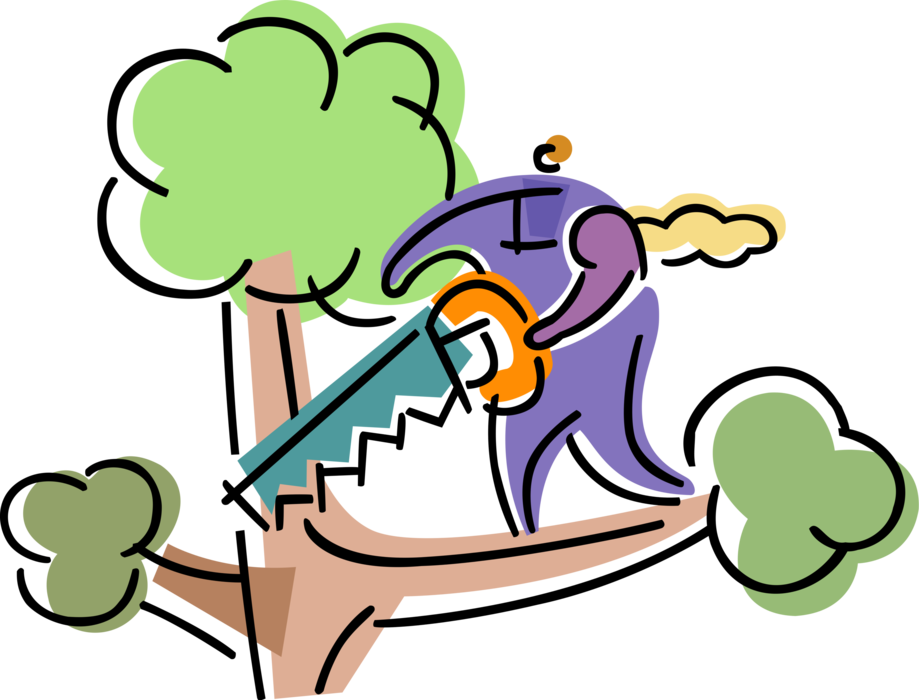 Vector Illustration of Businessman Out on Limb Tree Branch Faces Impending Risk and Peril Cutting Branch with Hand Saw