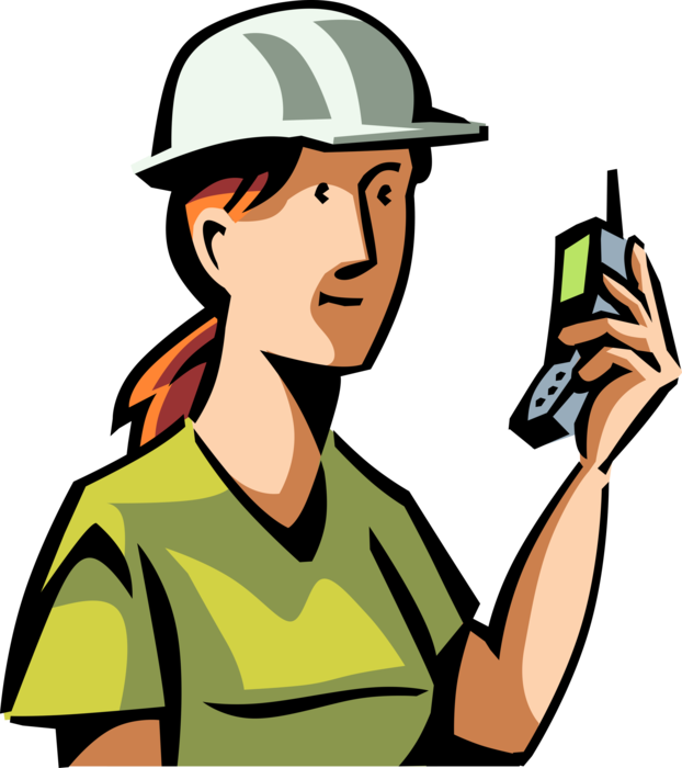 Vector Illustration of Construction Industry Engineer Worker Answers Telephone Call on Mobile Cell Phone