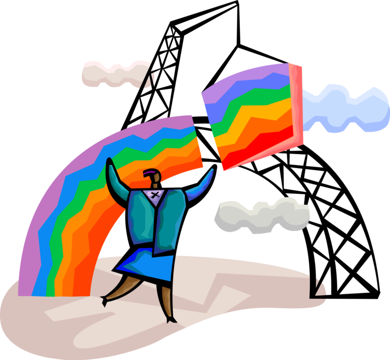 Vector Illustration of Optimistic Businesswoman Builds Rainbow of Hope and Optimism with Construction Crane
