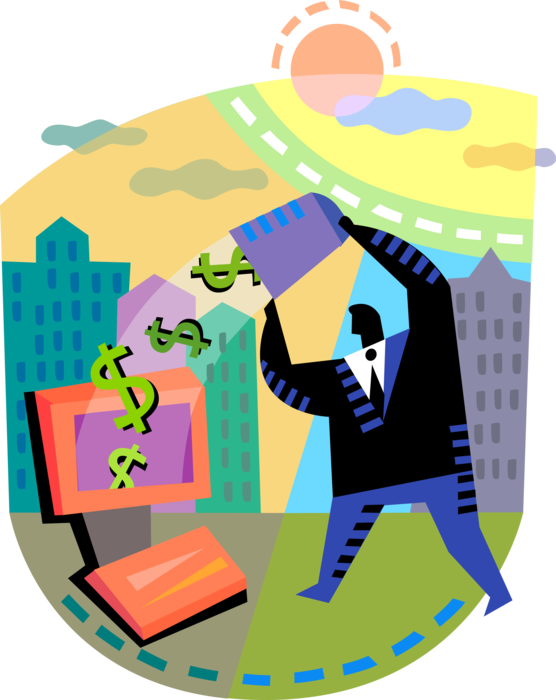 Vector Illustration of Businessman Pours Financial Cash Money Dollar Revenue into Information Technology Computer