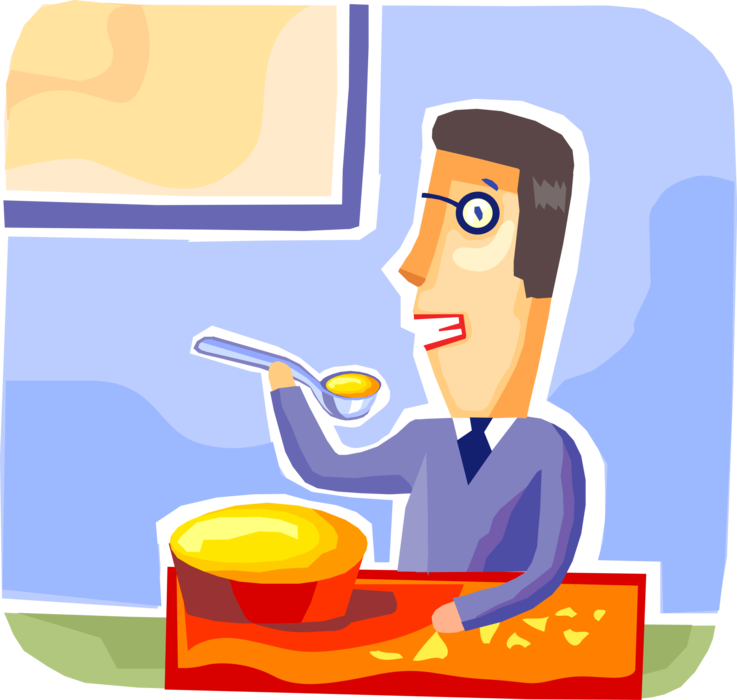Vector Illustration of Bachelor Businessman Cooks Homemade Dinner Meal and Samples with Spoon