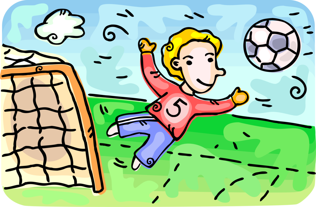 Vector Illustration of Sport of Soccer Football Goalie Makes Save with Ball and Goal Net