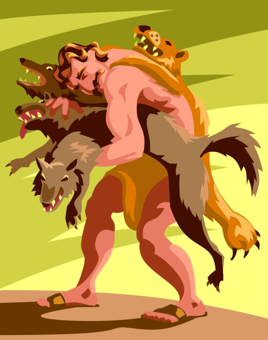 Vector Illustration of Greek Mythology Divine Hero Heracles or Hercules, Paragon of Masculinity Wrestles Cerberus 