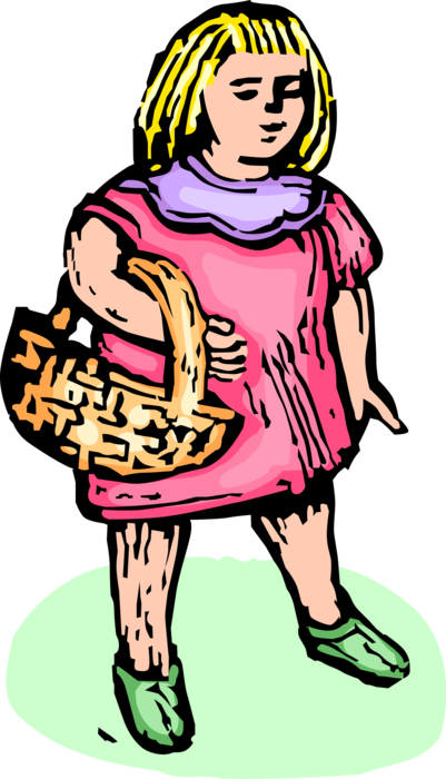 Vector Illustration of Little Girl Carries Wicker Basket