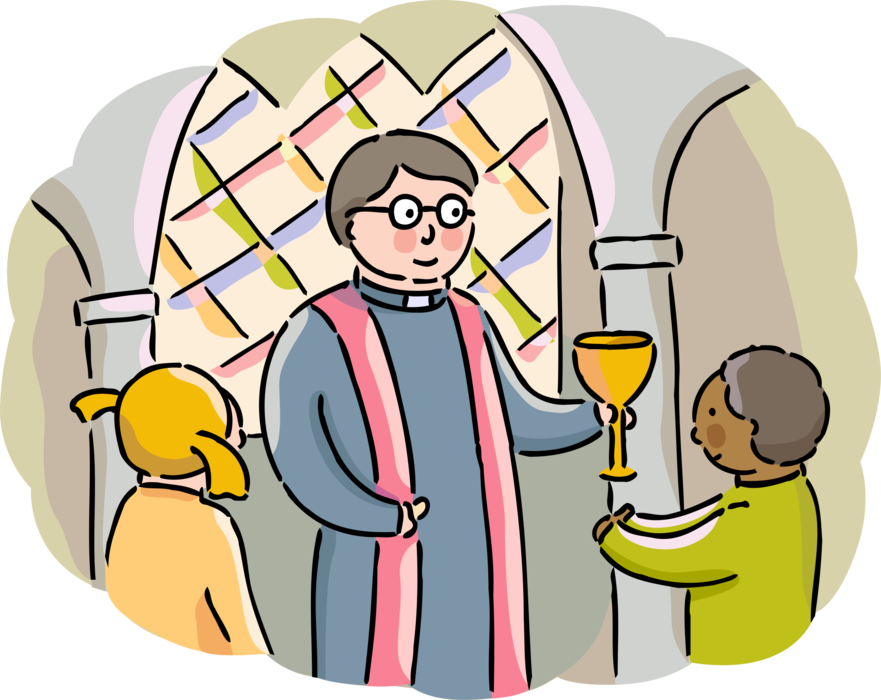 Vector Illustration of Christian Religion Catholic Priest Performs Religious Mass Service with Young Student Worshipers in Church