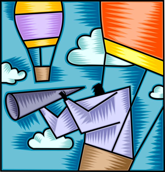 Vector Illustration of Businessman Prognosticator Forecasts Economic Growth with Telescope Spyglass in Hot Air Balloon