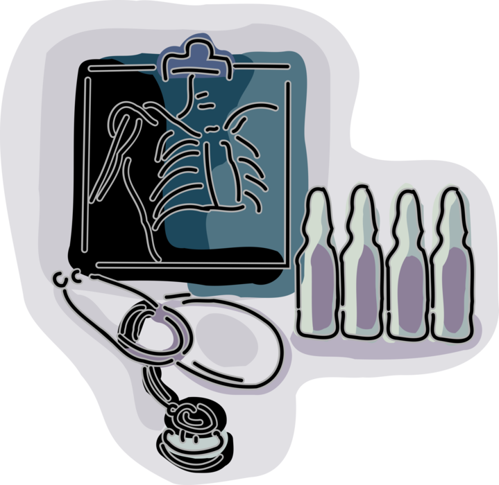 Vector Illustration of X-Ray and Physician Stethoscope with Hermetically Sealed Ampoule Vials