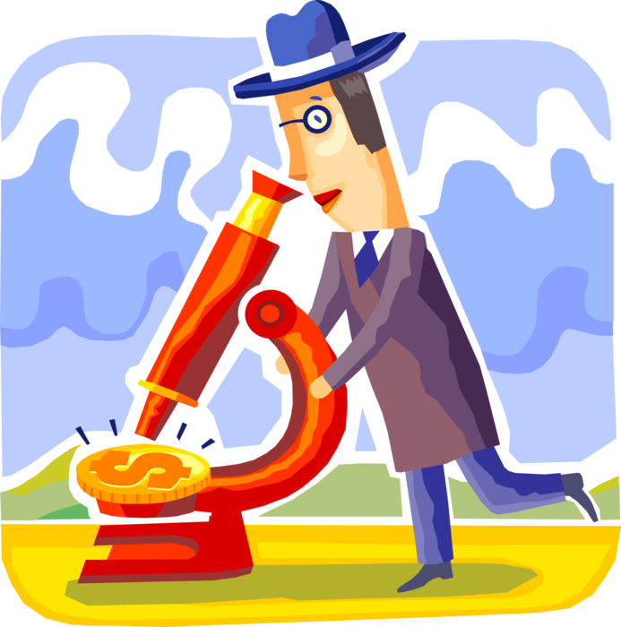 Vector Illustration of Businessman Financial Analyst Investigates Finance Cash Money Markets with Microscope