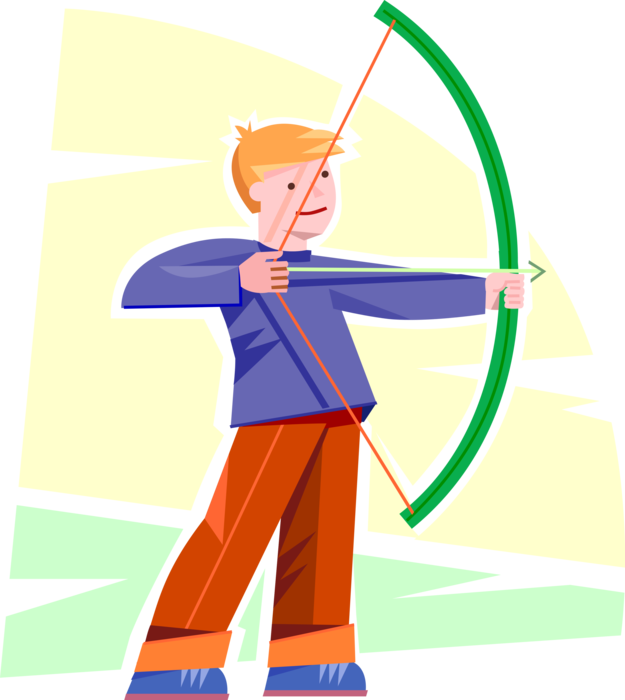 Vector Illustration of Primary or Elementary School Student Boy Archer Shoots Bow and Arrow Outdoors