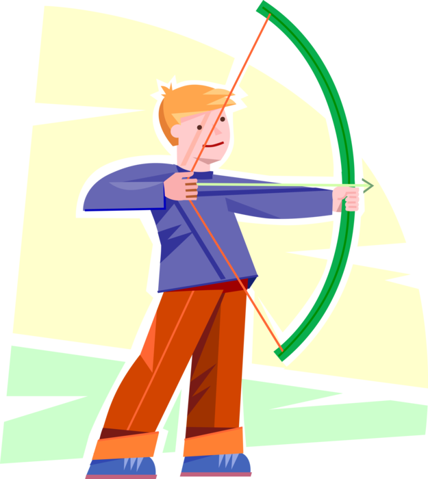 Vector Illustration of Primary or Elementary School Student Boy Archer Shoots Bow and Arrow Outdoors