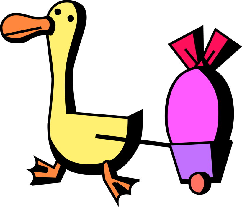 Vector Illustration of Yellow Duck Bird Pulls Easter Egg in Wagon