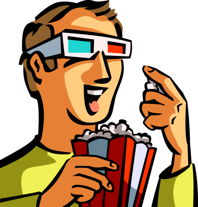 Vector Illustration of Moviegoer Watches 3-D Movie and Eats Popcorn in Theater Theatre