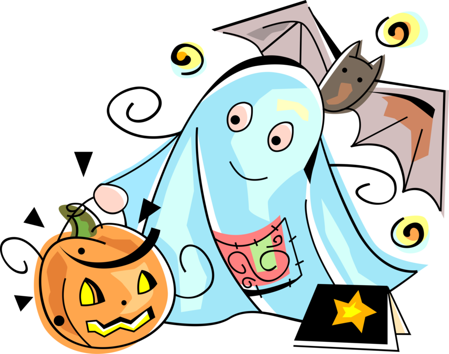 Vector Illustration of Halloween Jack-o'-Lantern Carved Pumpkin with Ghost Phantom, Apparition, Spirit, Spook and Bat
